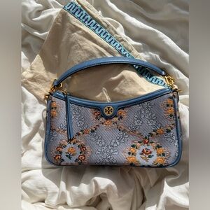 Tory Burch Blue and Gold Floral Shoulder Bag (Brocade Studio)